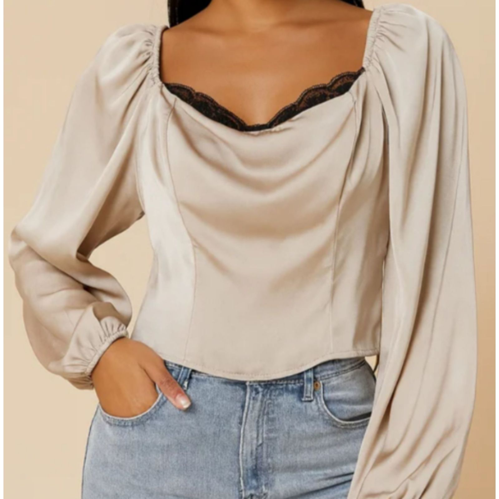 Astr The Label Long Sleeve Satin Blouse Champagne Beige Medium